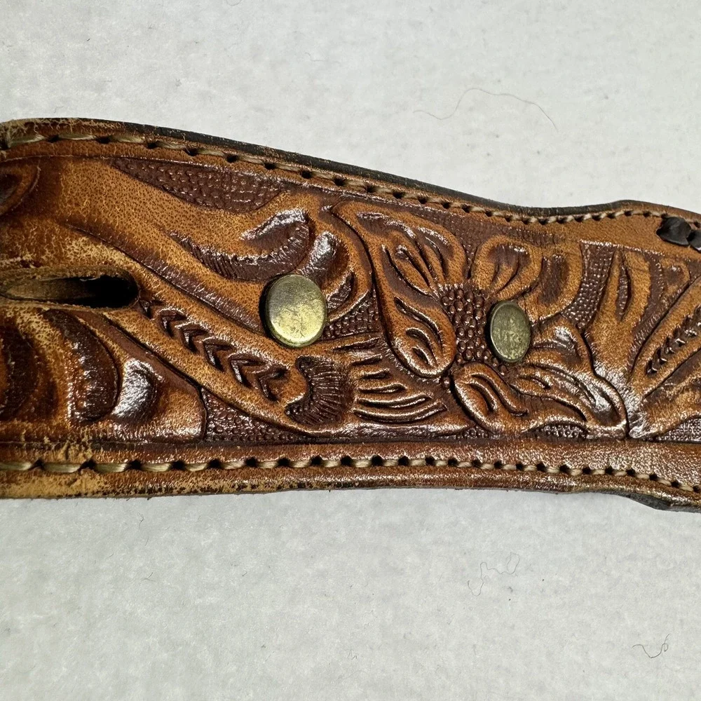 Unbranded Tooled Leather Belt Mens 42 Tan HMS Monogram Western Floral Whipstitch
